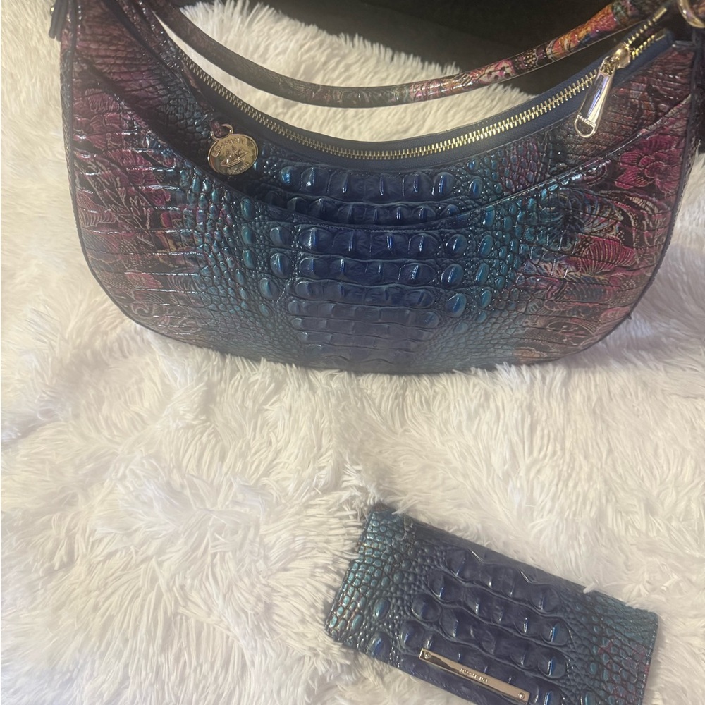 Iridescent Croc-Embossed Shoulder Bag in Blue-Purple
